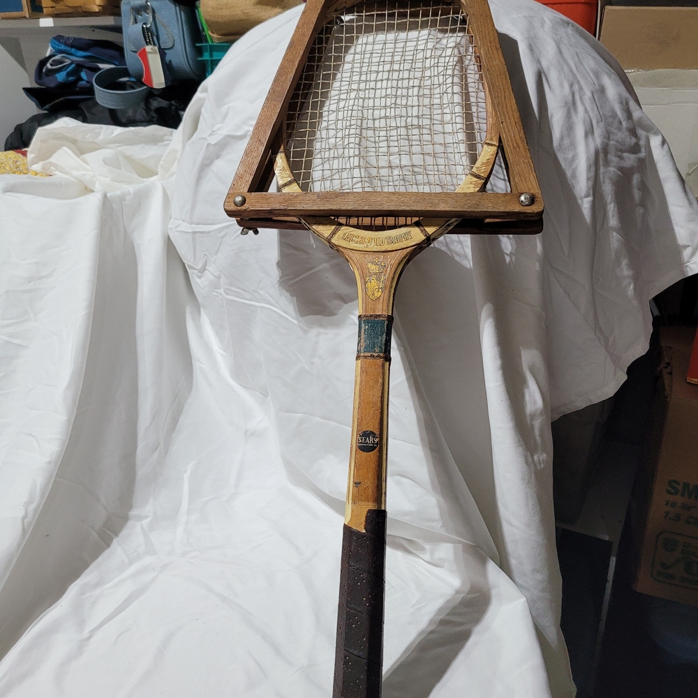 Vintage Wooden Sears Ladies Gold Trophy Tennis Racket with Press